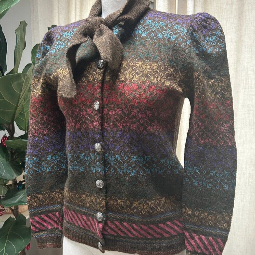 Vintage Fair Isle Wool Blend Bow Tie Cardigan Cottagecore Women M